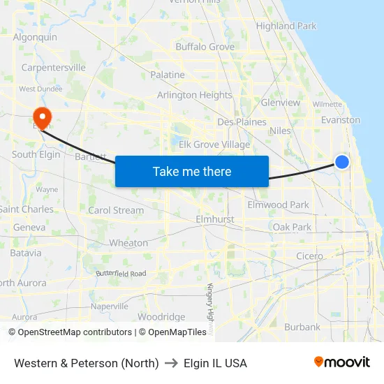 Western & Peterson (North) to Elgin IL USA map