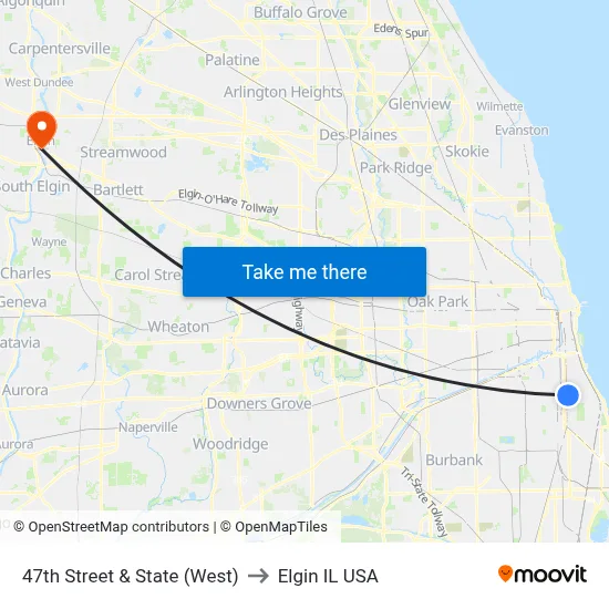 47th Street & State (West) to Elgin IL USA map
