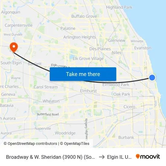 Broadway & W. Sheridan (3900 N) (South) to Elgin IL USA map