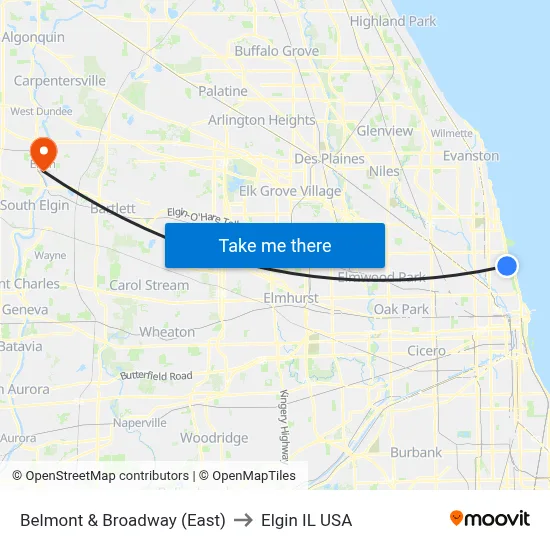 Belmont & Broadway (East) to Elgin IL USA map