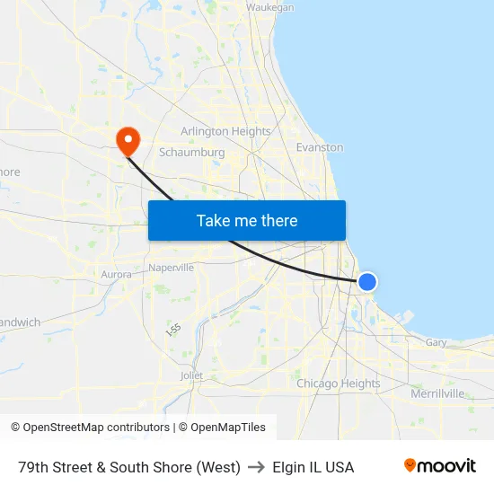 79th Street & South Shore (West) to Elgin IL USA map