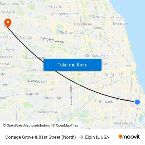 Cottage Grove & 81st Street (North) to Elgin IL USA map
