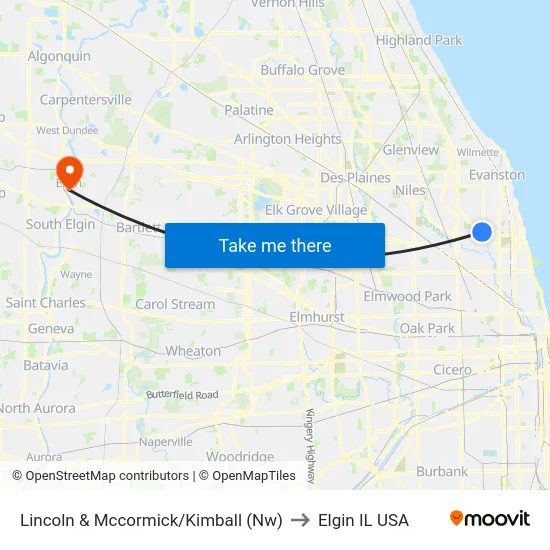 Lincoln & Mccormick/Kimball (Nw) to Elgin IL USA map