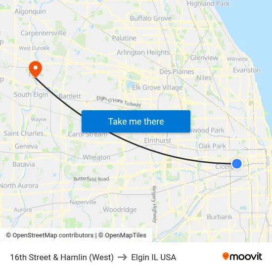 16th Street & Hamlin (West) to Elgin IL USA map