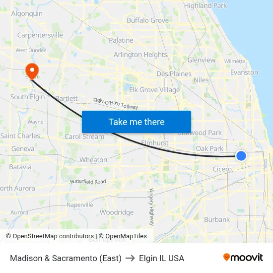 Madison & Sacramento (East) to Elgin IL USA map