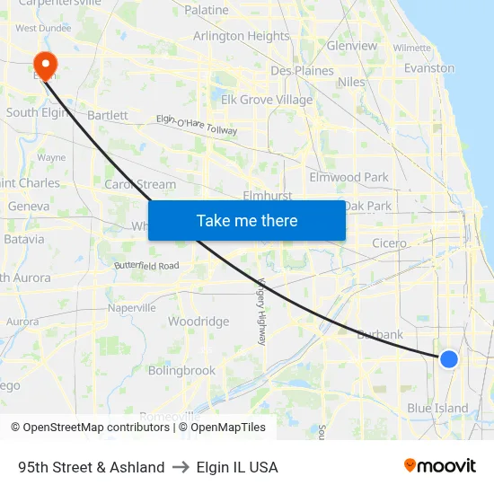 95th Street & Ashland to Elgin IL USA map