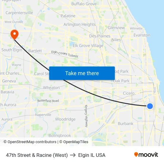 47th Street & Racine (West) to Elgin IL USA map