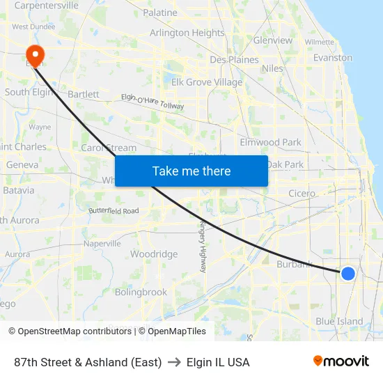 87th Street & Ashland (East) to Elgin IL USA map
