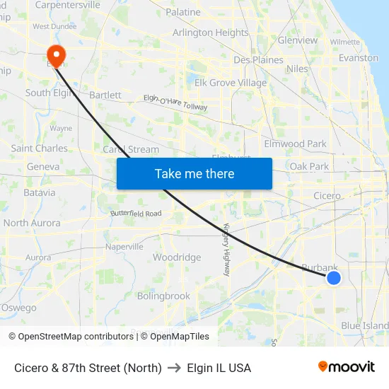 Cicero & 87th Street (North) to Elgin IL USA map