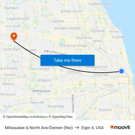 Milwaukee & North Ave/Damen (Nw) to Elgin IL USA map