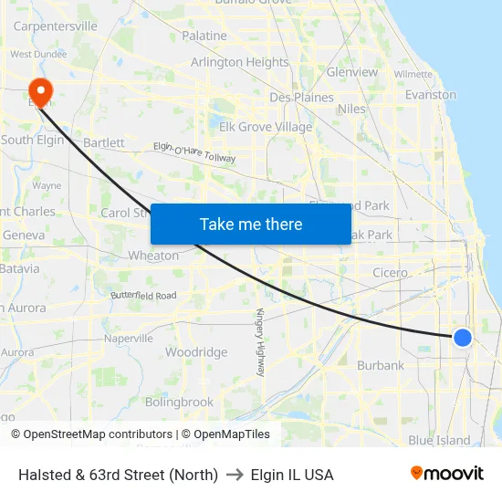 Halsted & 63rd Street (North) to Elgin IL USA map