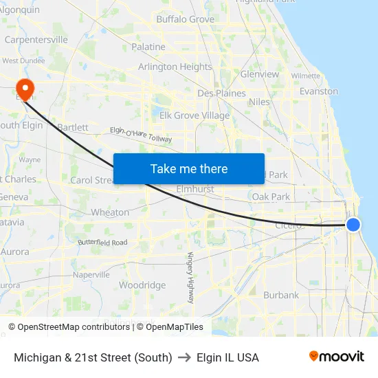 Michigan & 21st Street (South) to Elgin IL USA map