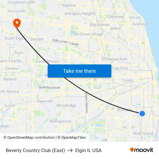 Beverly Country Club (East) to Elgin IL USA map