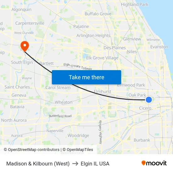 Madison & Kilbourn (West) to Elgin IL USA map