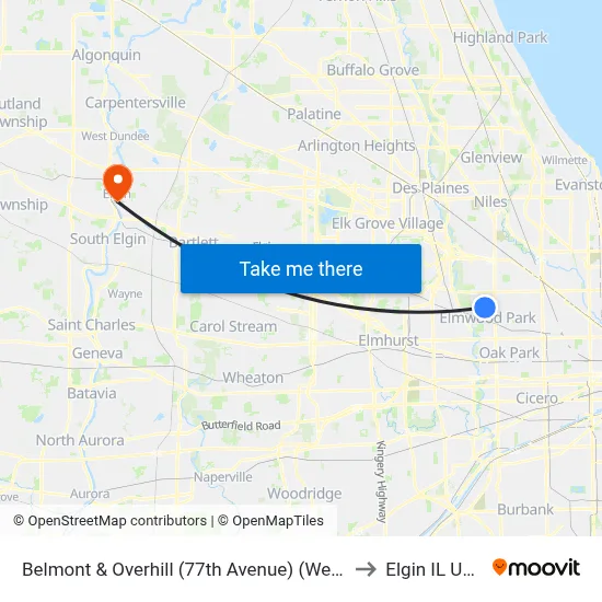 Belmont & Overhill (77th Avenue) (West) to Elgin IL USA map