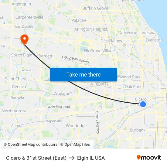 Cicero & 31st Street (East) to Elgin IL USA map