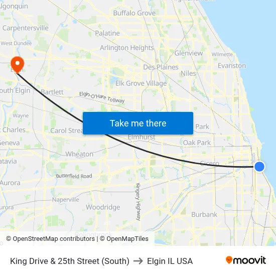 King Drive & 25th Street (South) to Elgin IL USA map