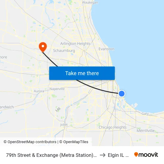 79th Street & Exchange (Metra Station) (West) to Elgin IL USA map