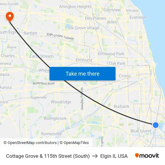 Cottage Grove & 115th Street (South) to Elgin IL USA map