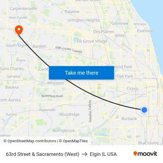 63rd Street & Sacramento (West) to Elgin IL USA map