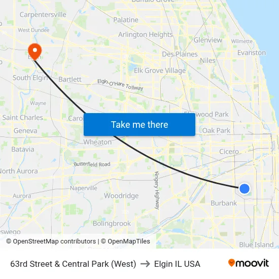 63rd Street & Central Park (West) to Elgin IL USA map