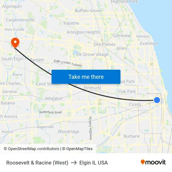 Roosevelt & Racine (West) to Elgin IL USA map