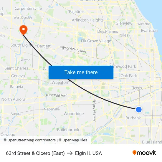 63rd Street & Cicero (East) to Elgin IL USA map