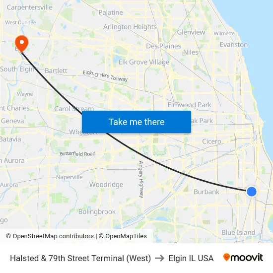 Halsted & 79th Street Terminal (West) to Elgin IL USA map