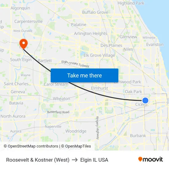 Roosevelt & Kostner (West) to Elgin IL USA map