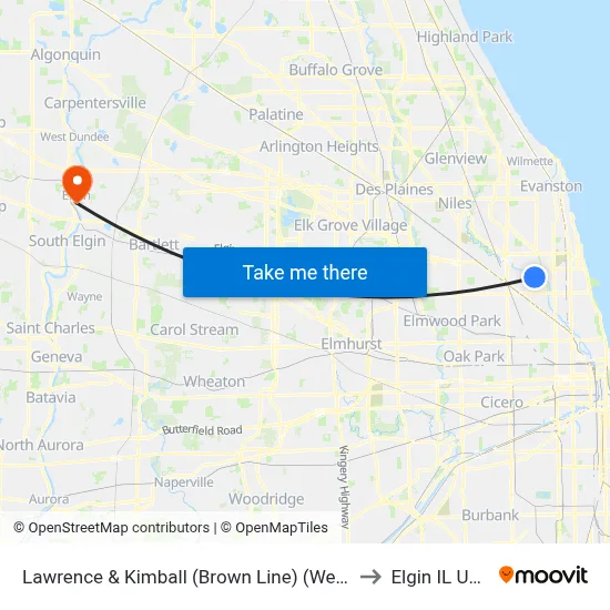 Lawrence & Kimball (Brown Line) (West) to Elgin IL USA map