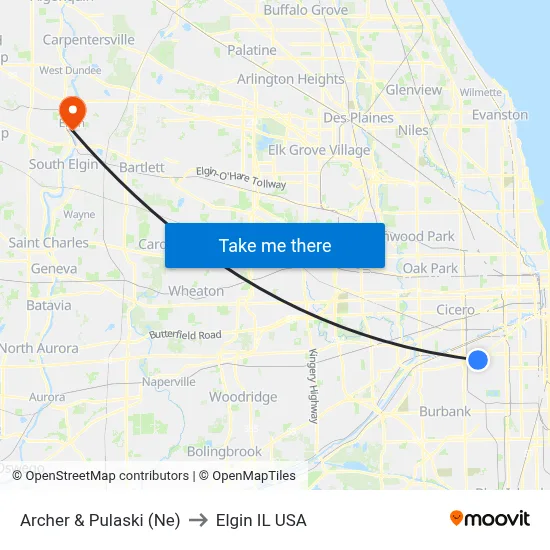 Archer & Pulaski (Ne) to Elgin IL USA map