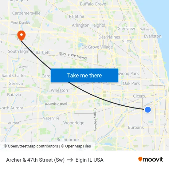 Archer & 47th Street (Sw) to Elgin IL USA map