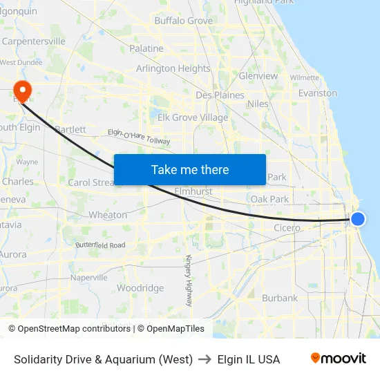 Solidarity Drive & Aquarium (West) to Elgin IL USA map