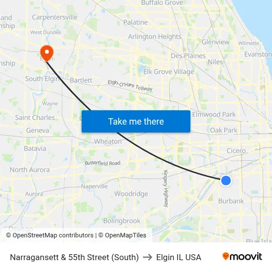 Narragansett & 55th Street (South) to Elgin IL USA map