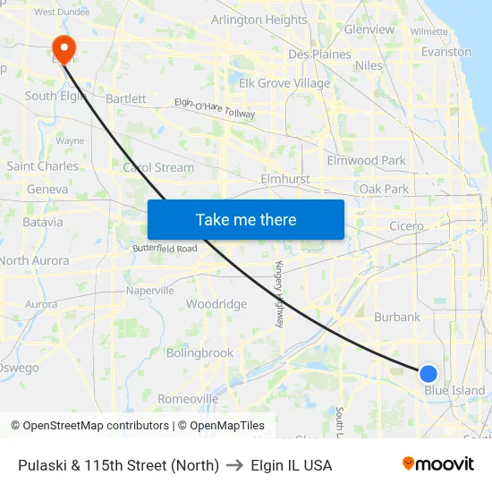 Pulaski & 115th Street (North) to Elgin IL USA map