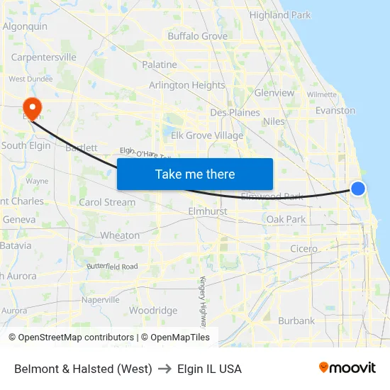 Belmont & Halsted (West) to Elgin IL USA map