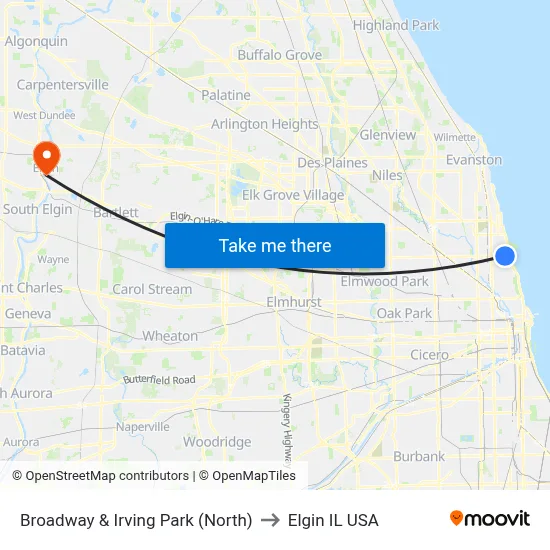 Broadway & Irving Park (North) to Elgin IL USA map