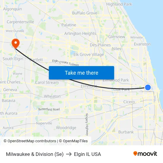 Milwaukee & Division (Se) to Elgin IL USA map