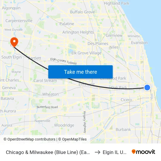 Chicago & Milwaukee (Blue Line) (East) to Elgin IL USA map