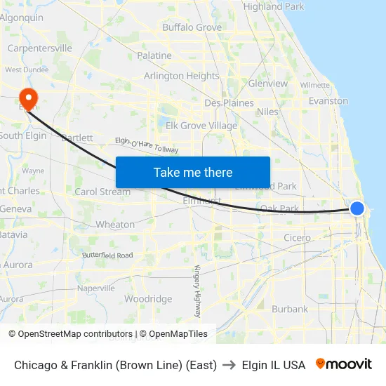 Chicago & Franklin (Brown Line) (East) to Elgin IL USA map