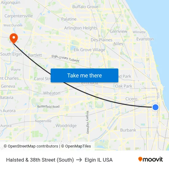 Halsted & 38th Street (South) to Elgin IL USA map