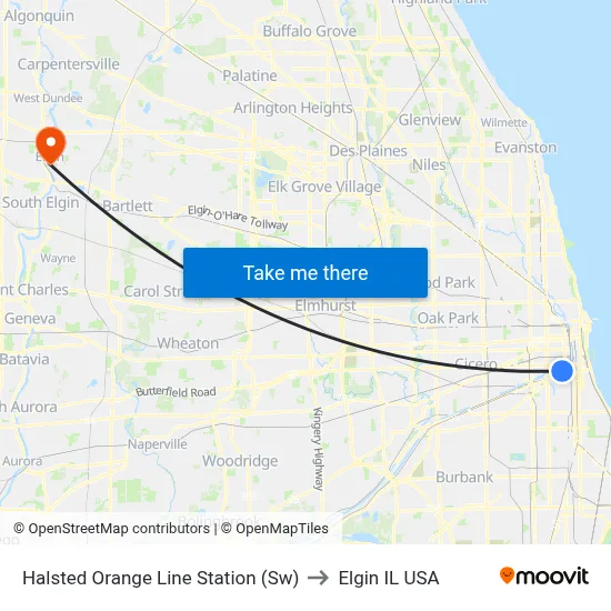 Halsted Orange Line Station (Sw) to Elgin IL USA map