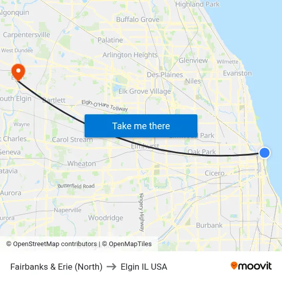 Fairbanks & Erie (North) to Elgin IL USA map