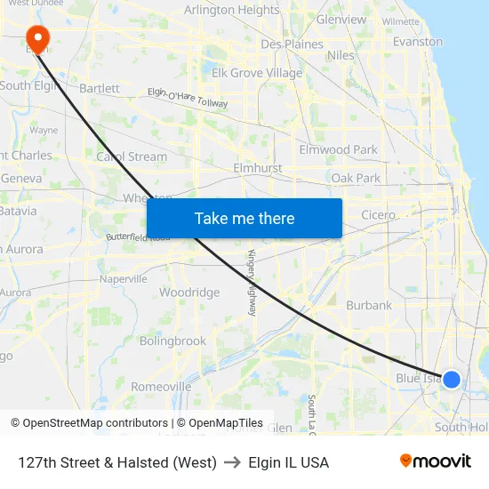127th Street & Halsted (West) to Elgin IL USA map