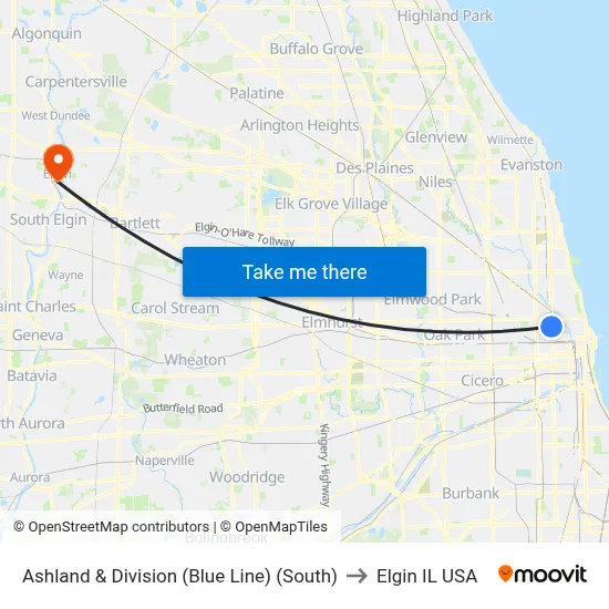Ashland & Division (Blue Line) (South) to Elgin IL USA map