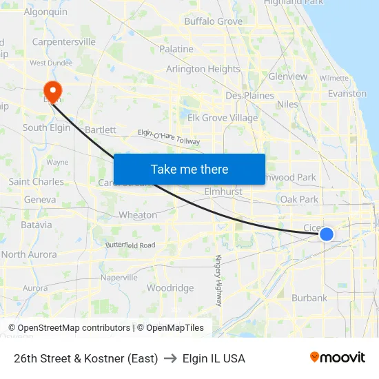26th Street & Kostner (East) to Elgin IL USA map
