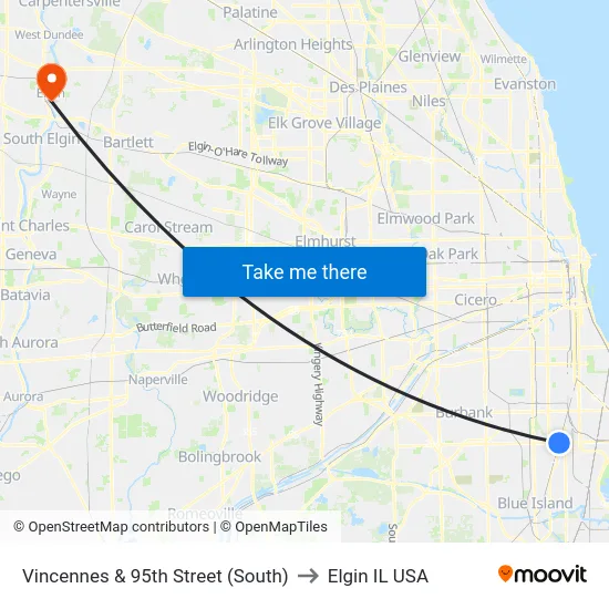 Vincennes & 95th Street (South) to Elgin IL USA map