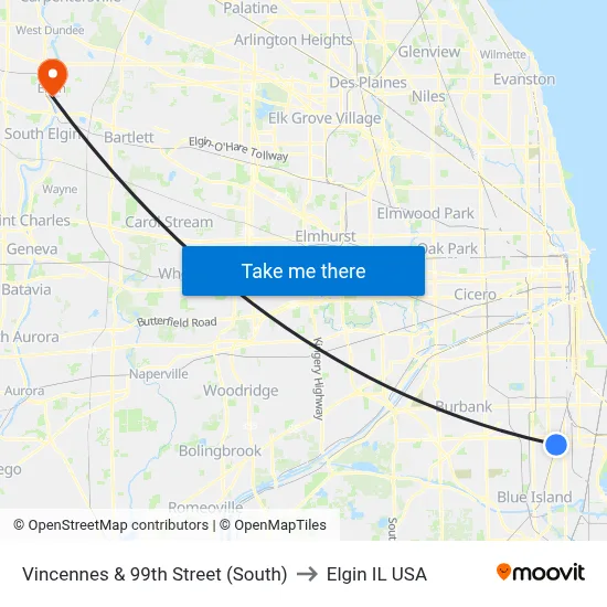 Vincennes & 99th Street (South) to Elgin IL USA map