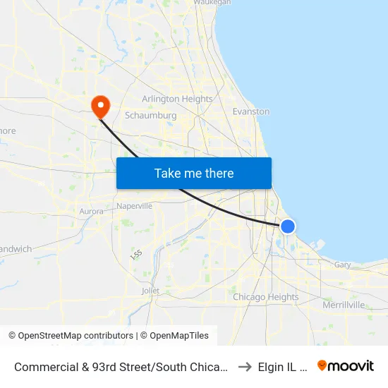 Commercial & 93rd Street/South Chicago (North) to Elgin IL USA map