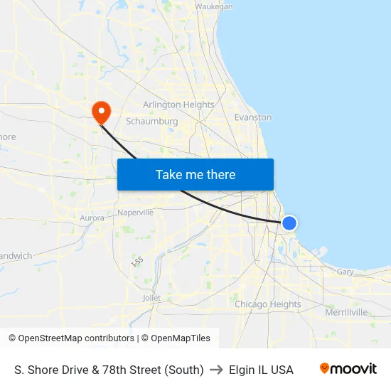 S. Shore Drive & 78th Street (South) to Elgin IL USA map